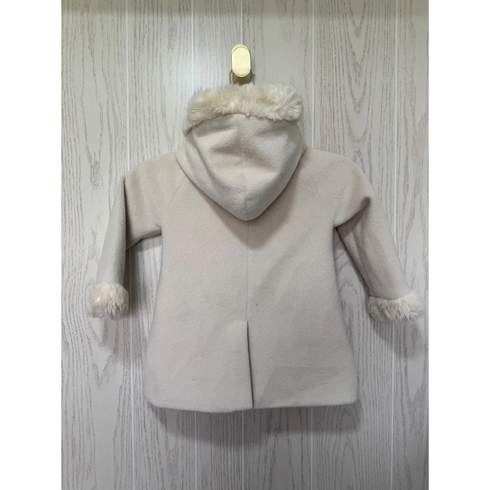 Disney Mickey Mouse Girls Cream Faux Fur Hooded Coat Gold Icon Size 4